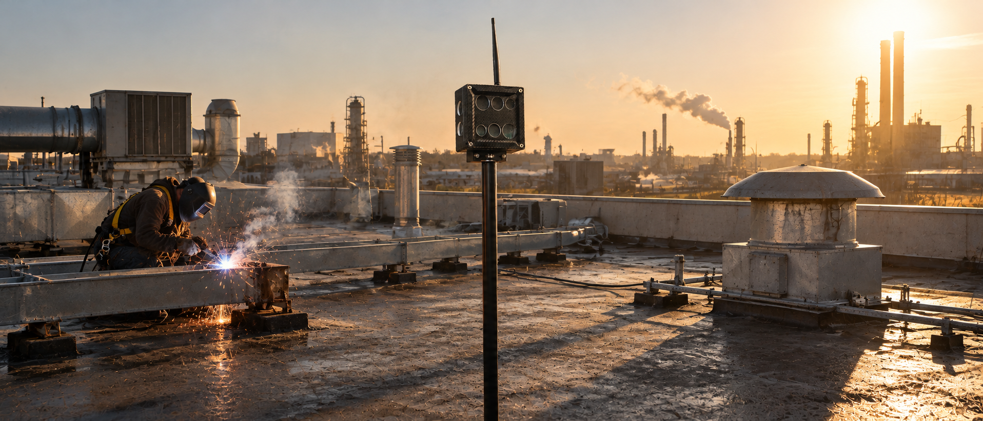 A pole-mounted fire detection sensor monitoring welding work on the rooftop of an industrial facility