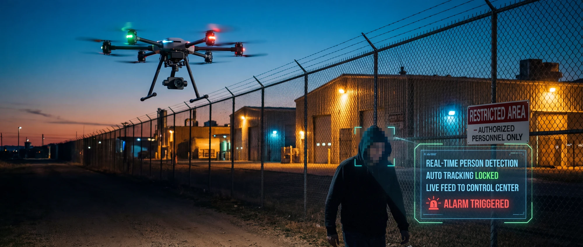 A security drone patrolling an industrial perimeter at dusk, with a person detection and alarm overlay