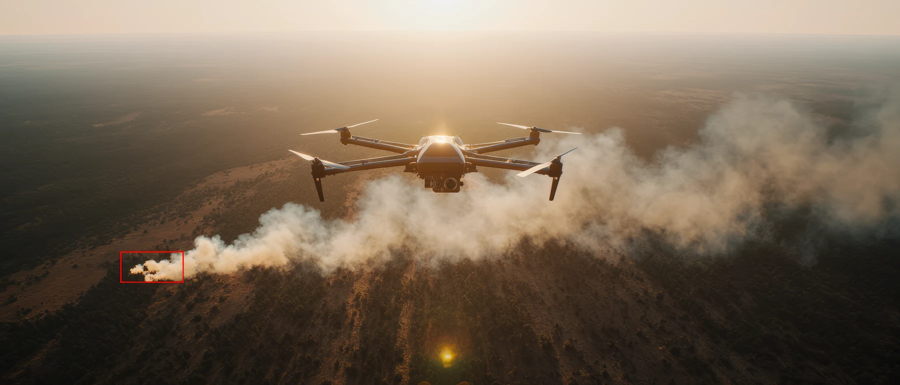 A drone surveying a forest fire with smoke and a highlighted detection area