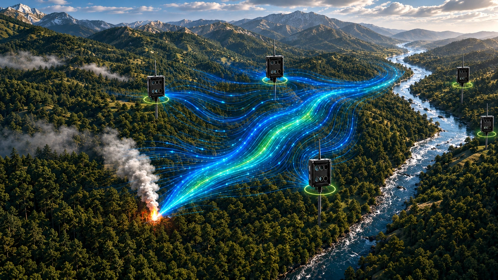 Conceptual blue airflow paths across forested terrain from a smoke source towards stationary sensor locations