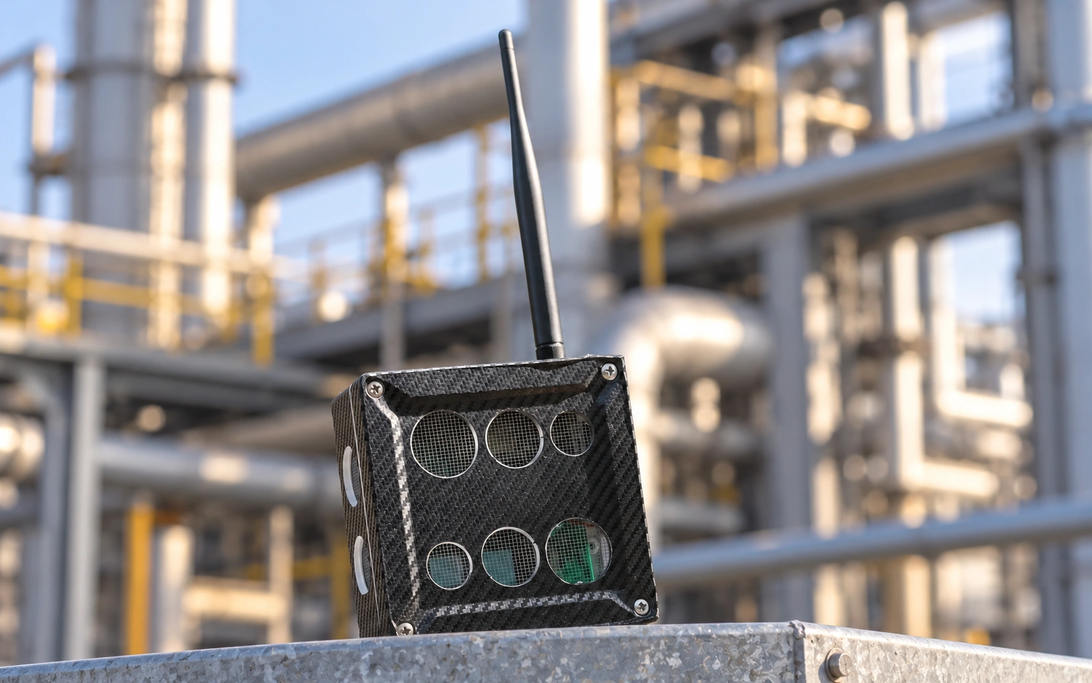 Close-up of the carbon-fibre sensor with six mesh-covered openings and an antenna against industrial pipework