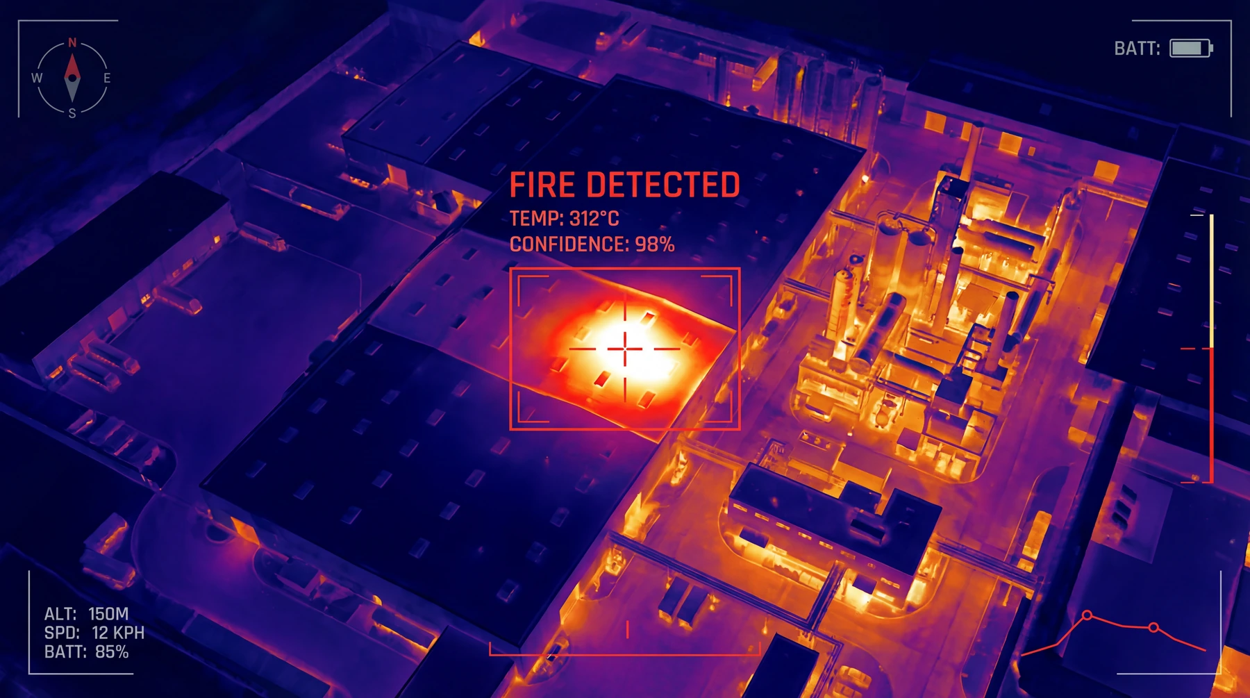 Illustrative drone thermal view of an industrial complex with a highlighted hotspot and simulated overlay values