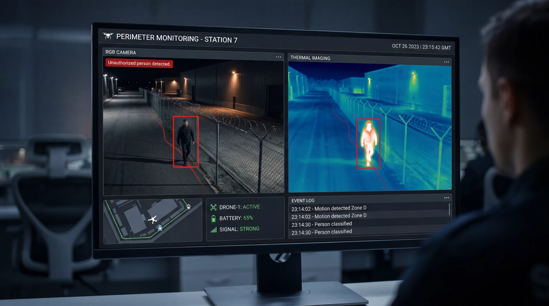 An operator reviewing RGB and thermal camera views with pixelated person detection on a perimeter monitoring screen