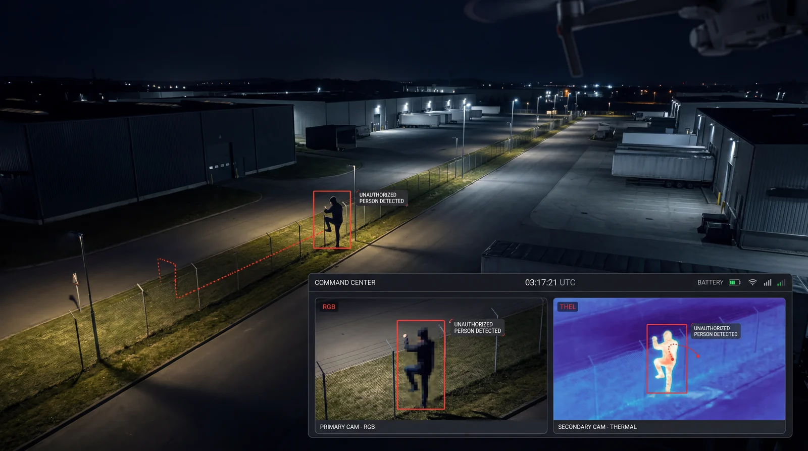 A person detected at an industrial fence at night, shown alongside visual and thermal camera views