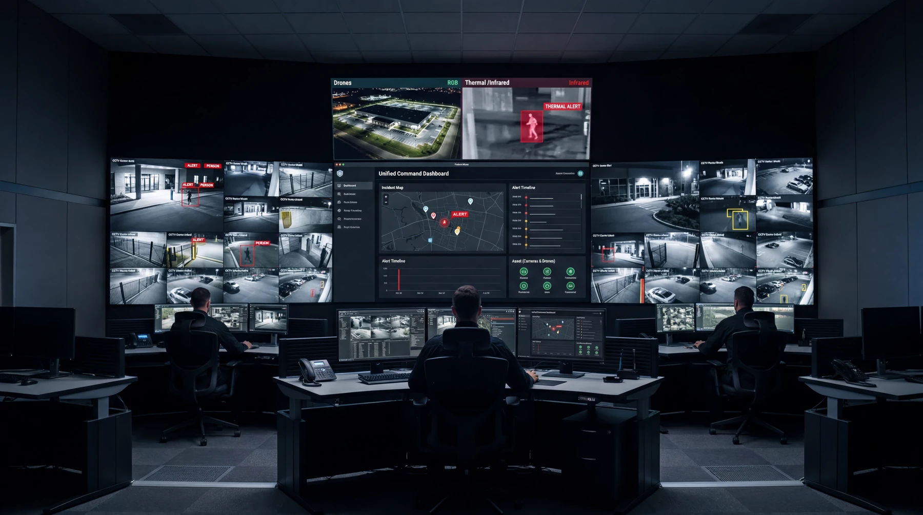 Security operators coordinating camera feeds, drone imagery and thermal alerts in a unified command center