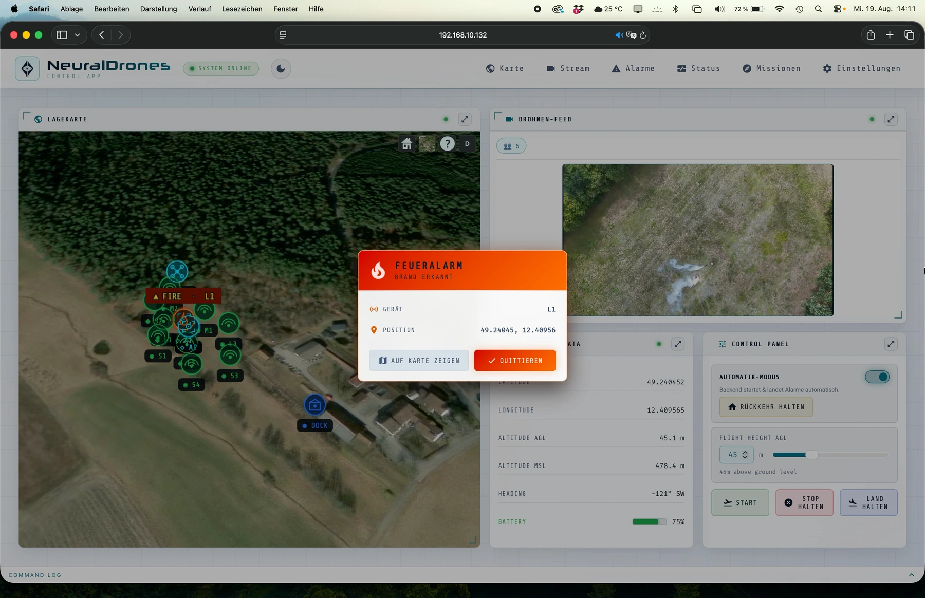 NeuralDrones control interface showing a site map, sensor markers, live drone imagery and a fire alert