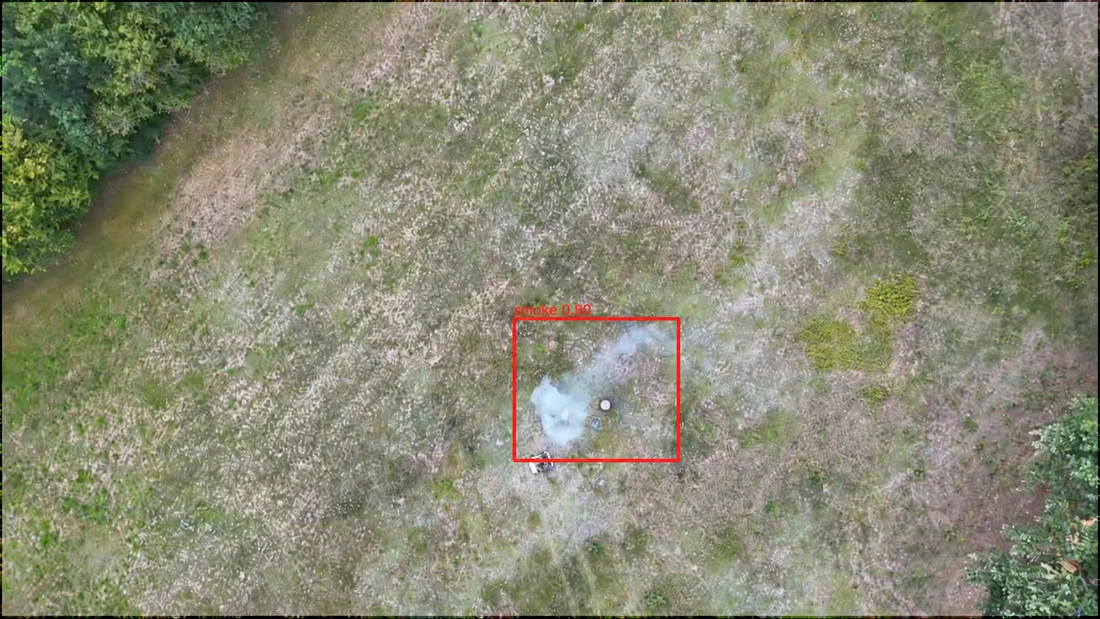 Aerial colour image of smoke in a clearing with a red detection box