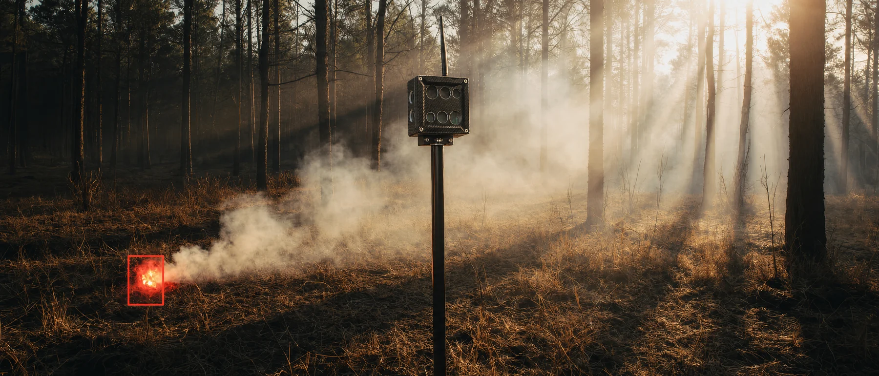 Mobile fire sensor lance on the forest floor beside a small fire and smoke