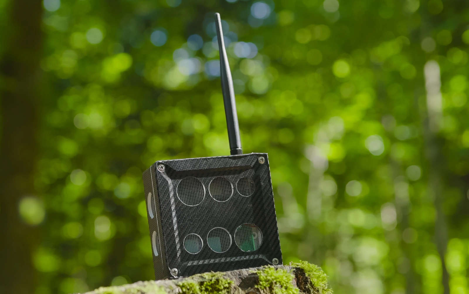 Carbon-fibre forest sensor with six mesh-covered openings and an antenna